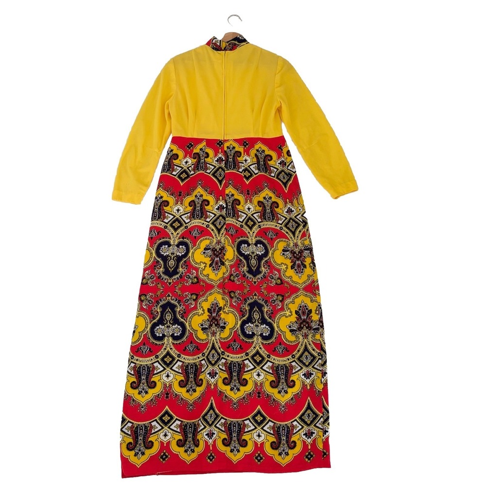 VTG 70s Yellow Womens Dress M Groovy Psychedelic Paisley Red Navy Heritage 60s - Picture 9 of 14